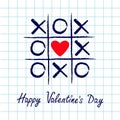 Tic tac toe game with criss cross and red heart sign mark XOXO. Hand drawn blue pen brush. Doodle line. Happy Valentines day card Royalty Free Stock Photo