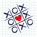 Tic tac toe game with criss cross and red heart sign mark XOXO. Hand drawn blue pen brush. Doodle line. Valentines day Flat design