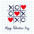 Tic tac toe game with criss cross and three red heart sign mark XOXO. Hand drawn blue pen brush. Doodle line. Happy Valentines day