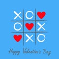 Tic tac toe game with criss cross and three red heart sign mark XOXO. Hand drawn pen brush. Doodle line. Happy Valentines day card Royalty Free Stock Photo