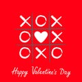 Tic tac toe game with criss cross and white heart sign mark XOXO. Hand drawn brush. Doodle line. Happy Valentines day card Flat de