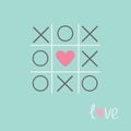 Tic tac toe game with cross and heart sign mark Love card Blue Flat design