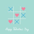 Tic tac toe game with cross and three heart sign mark Happy Valentines day card Blue Flat design Royalty Free Stock Photo