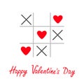 Tic tac toe game with cross and three heart sign mark Happy Valentines day card Red Flat design Royalty Free Stock Photo