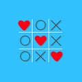 Tic tac toe game with cross and three red heart sign mark Love card Flat design Blue background Royalty Free Stock Photo