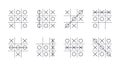Tic-tac-toe game. Editable stroke. Win and draw, different options for the course of the game. Vector set of examples of logic