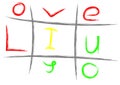 Tic tac toe game and I love you, vector hand drawn noughts and crosses