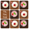 Tic-Tac-Toe of milk shake and strawberry smoothie