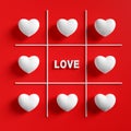 Tic tac toe or xo game with hearts. Valentine's Day love concept. White hearts on red background with the word love