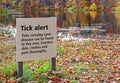 tick alert warning sign regarding Lyme Disease, Olana State Historic Site in Fall
