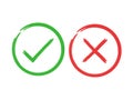 Tick and cross brush signs. Green checkmark OK and red X icons, isolated on white background. Simple marks graphic