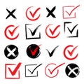 Tick and cross brush signs. Green checkmark OK and red X icons, isolated on white background. Simple marks graphic Royalty Free Stock Photo