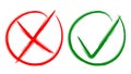 Tick and cross brush signs. Green checkmark OK and red X icons, isolated on white background Royalty Free Stock Photo