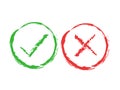 Tick and cross brush signs. Green checkmark OK and red X icons, isolated on white background. Simple marks graphic Royalty Free Stock Photo