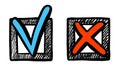 Tick and cross check mark sketch button icon set Royalty Free Stock Photo