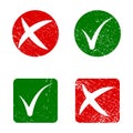 Tick and cross grunge rubber stamp solated on white background.  GREEN TICK  AND RED CROSS. Right or wrong. True or false. Four st Royalty Free Stock Photo