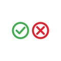 Tick and cross icons. Green checkmark OK and red X icons, Circle shape symbols YES and NO button for vote, decision, web. Correct