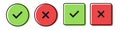 Tick and cross icons on white background. Green and red checkmark symbols. Correct and wrong symbol. Isolated yes and no sign.