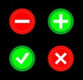 Tick, cross, plus, minus icon set red and green circle 3D button . Add, cancel, or the plus and minus signs on buttons or circles Royalty Free Stock Photo