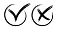 Tick and cross signs. False and true, right and wrong. Correct and incorrect, accept and reject. Scribbles grunge graphitti brush