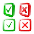 Tick and cross signs. Green checkmark OK and red X icons, isolated on white background. Vector illustration Royalty Free Stock Photo