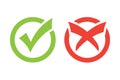 Tick and cross signs. Green checkmark OK and red X icons vector. Circle symbols YES and NO button for vote, decision, web, logo, Royalty Free Stock Photo