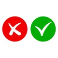 Tick and cross signs isolated on white background. Check mark sign and cross. Green, red circle. Button for ok, yes, no, error,