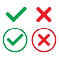 Green tick and red cross checkmarks in circle flat icons. Yes or no line symbol, approved or rejected icon.