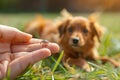 A tick on human finger with a dog lying in the grass. Generative AI. Royalty Free Stock Photo