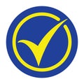 Tick icon vector symbol, accept button, checkmark, OK icon in yellow and blue colors.