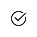 Tick icon vector symbol, line art outline black checkmark isolated, checked icon or correct choice sign, check mark or