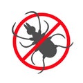 Tick insect silhouette. Mite deer ticks icon. Dangerous black parasite. Prohibition no symbol Red round stop warning sign. White Royalty Free Stock Photo