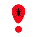 Tick insect silhouette. Mite deer ticks icon. Red exclamation point. Dangerous black parasite. White background. Isolated.