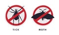 Tick and Moth Red Warning or Prohibition Sign with Cross Line Vector Set