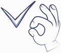 Tick sign element and hand gesture showing Ok sign. Simple mark graphic design. OK button