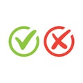 Tick symbol set in red and green circle, checkmark in checkbox vector icons Royalty Free Stock Photo