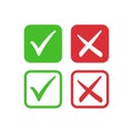 Tick symbol set in red and green circle, checkmark in checkbox vector icons.