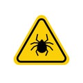 Tick warning sign. Yellow triangle with black mite silhouette in line frame. Vector isolated on white.