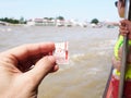 Ticket CHAO PHRAYA river boat ship goods & person Transportation, BANGKOK, THAILAND. Royalty Free Stock Photo