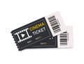 Ticket in cinema. Logo for movie and theater. Two coupons for film. 3d icons. Mockups of tickets isolated on white background. Tag Royalty Free Stock Photo