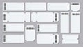 Ticket Empty template. Concert movie theater boarding blank white tickets lottery coupons . Vector Royalty Free Stock Photo