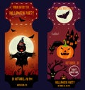 Ticket Halloween Party. Invitation template. Halloween background with creepy house, moon, scarecrow, scare pumpkin, cat and bats Royalty Free Stock Photo