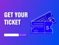 Ticket icon vector illustration in the flat style isolated on a modern gradient background. Get your ticket online Royalty Free Stock Photo