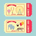 A ticket to the circus, a vintage ticket to the circus, the front and back of the ticket to the circus. Royalty Free Stock Photo