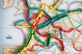 Ticket to ride board game. A lot of trains on map Royalty Free Stock Photo
