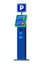 Ticket vending machine for car-park, cars in city, parking city transport, cartoon style vector illustration, isolated