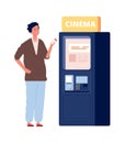 Ticket vending machine. Man buy card, cinema time. Flat movie theater visitor vector illustration