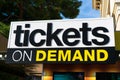 Tickets on Demand sign on ticket kiosk offering discount tickets on shows and attractions