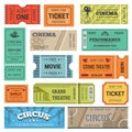 Tickets vector design templates for movie, theater or cinema and circus or concert show Royalty Free Stock Photo