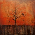 Ticktock: A Grungy Oil Painting Of A Bird On A Tree Royalty Free Stock Photo